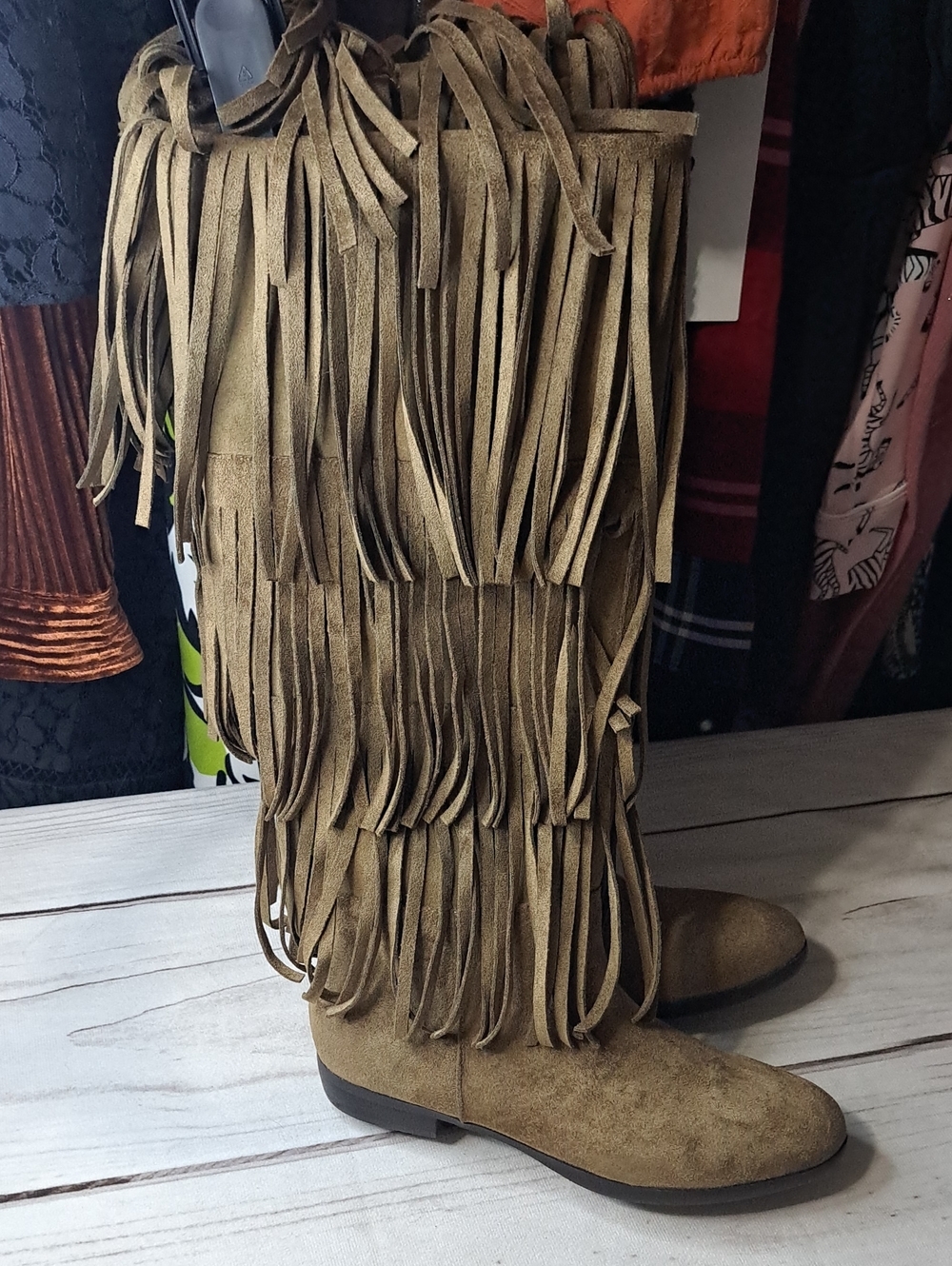 No Boundaries Fringe Faux Suede Knee-High Boots in Taupe Size 6